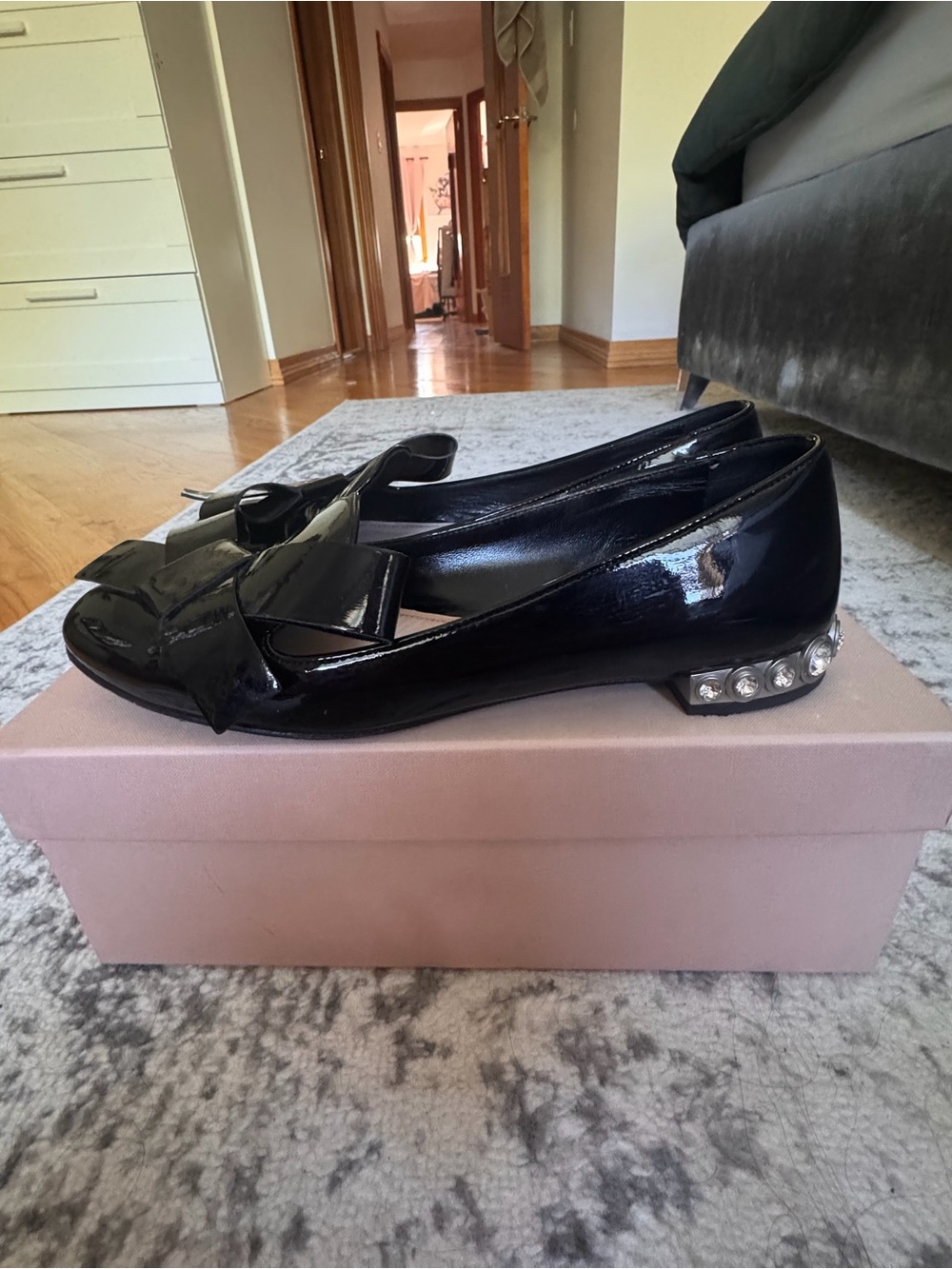 Miu Miu Black Patent Bow Ballet Flats with Crystal Heel Accents 38.5